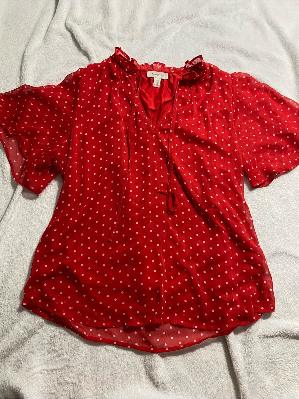 Red Polka Dot Tie-Neck Blouse by TAHARI